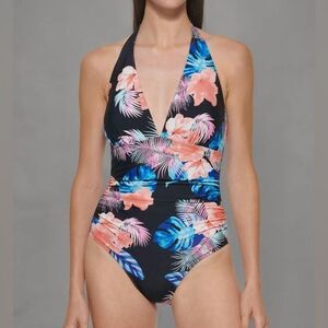 NWT DKNY women's one piece halter swimsuit, tummy control, SPF, small